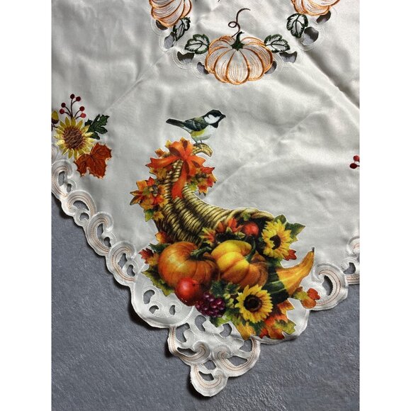 Thanksgiving Fall Harvest Embroidered Applique Tablecloth Pumpkins & Cornucopia - Picture 4 of 7